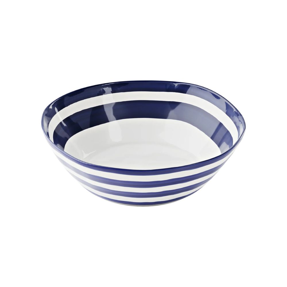 Large Mediterranean Striped Bowl in Blue and White