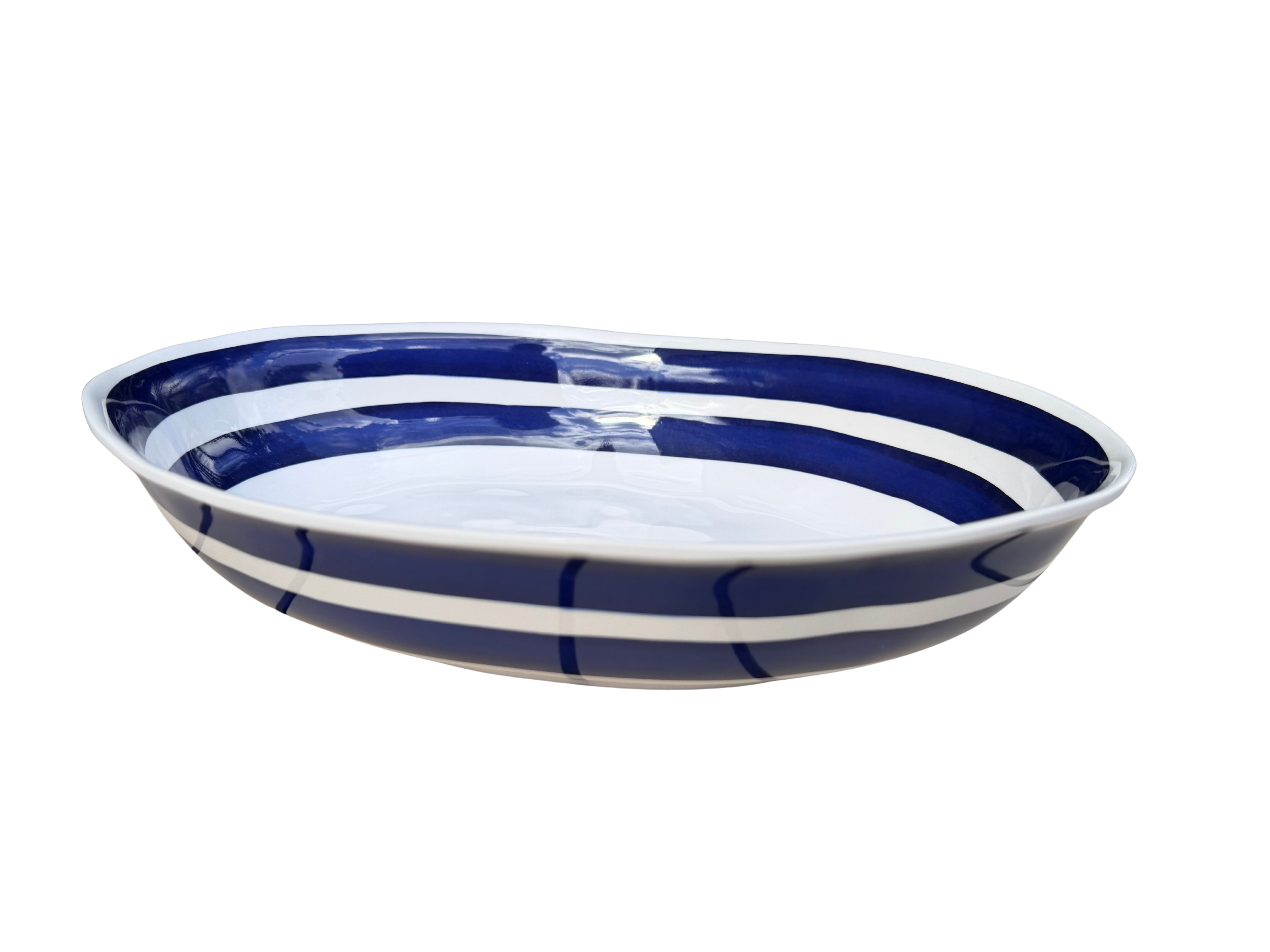 Shallow Mediterranean Blue and White Striped Bowl